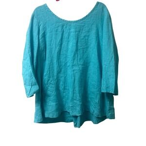 FLAX Womens Large Turquoise 100% Linen Tunic Top Back Button 3/4 Sleeve Pleated